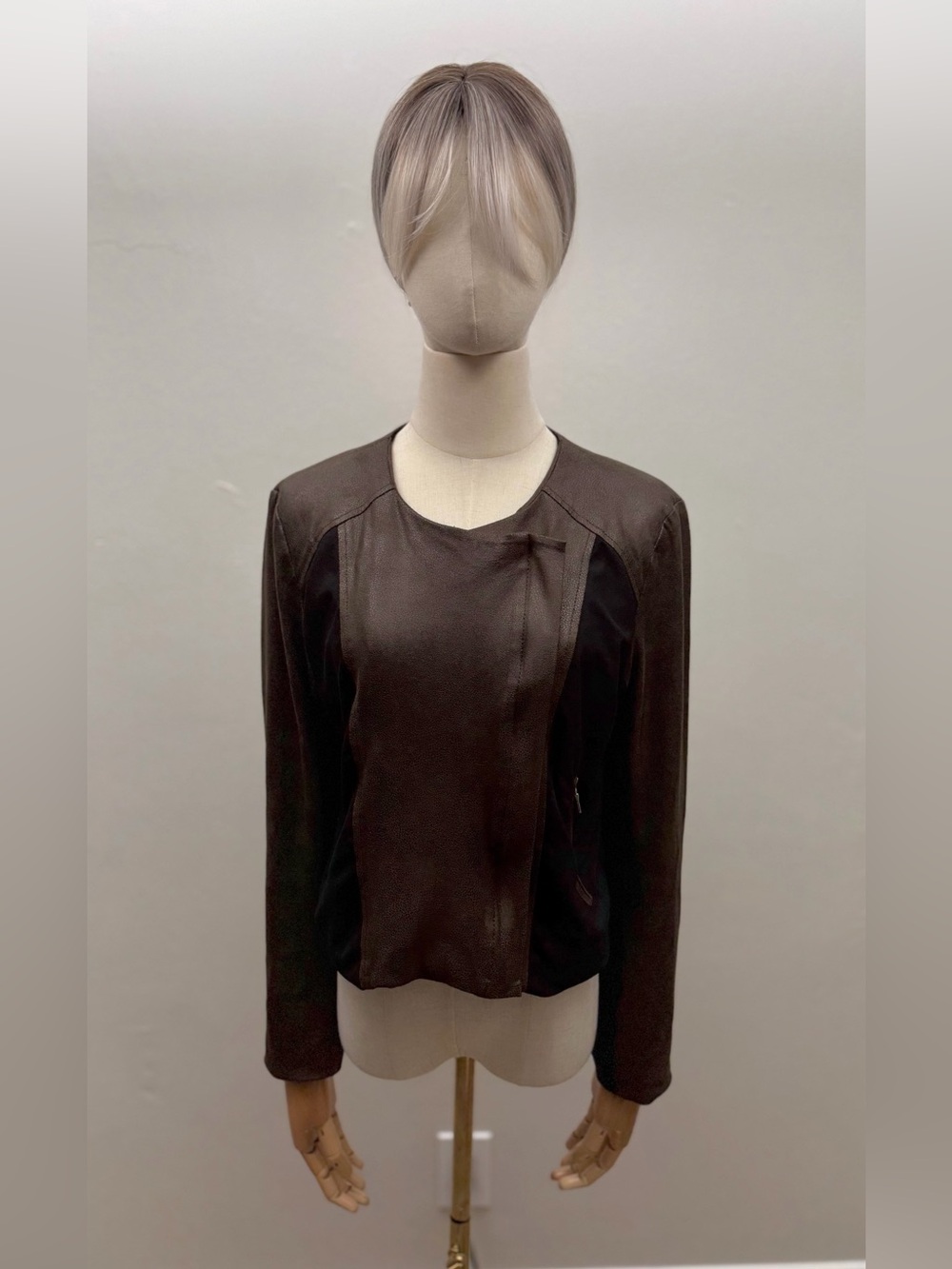 Karen Kane Faux Leather Jacket Brown Black Colorblock Asymmetrical Zip M